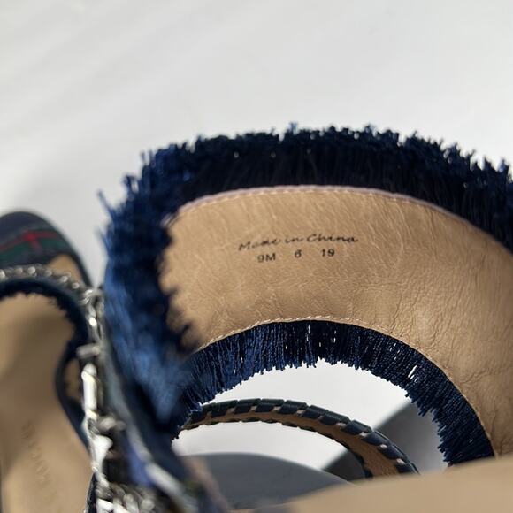 Jack Rogers Beatrix Bejeweled Plaid Block Heel Sandal Navy Green Size 9 New - Picture 9 of 14